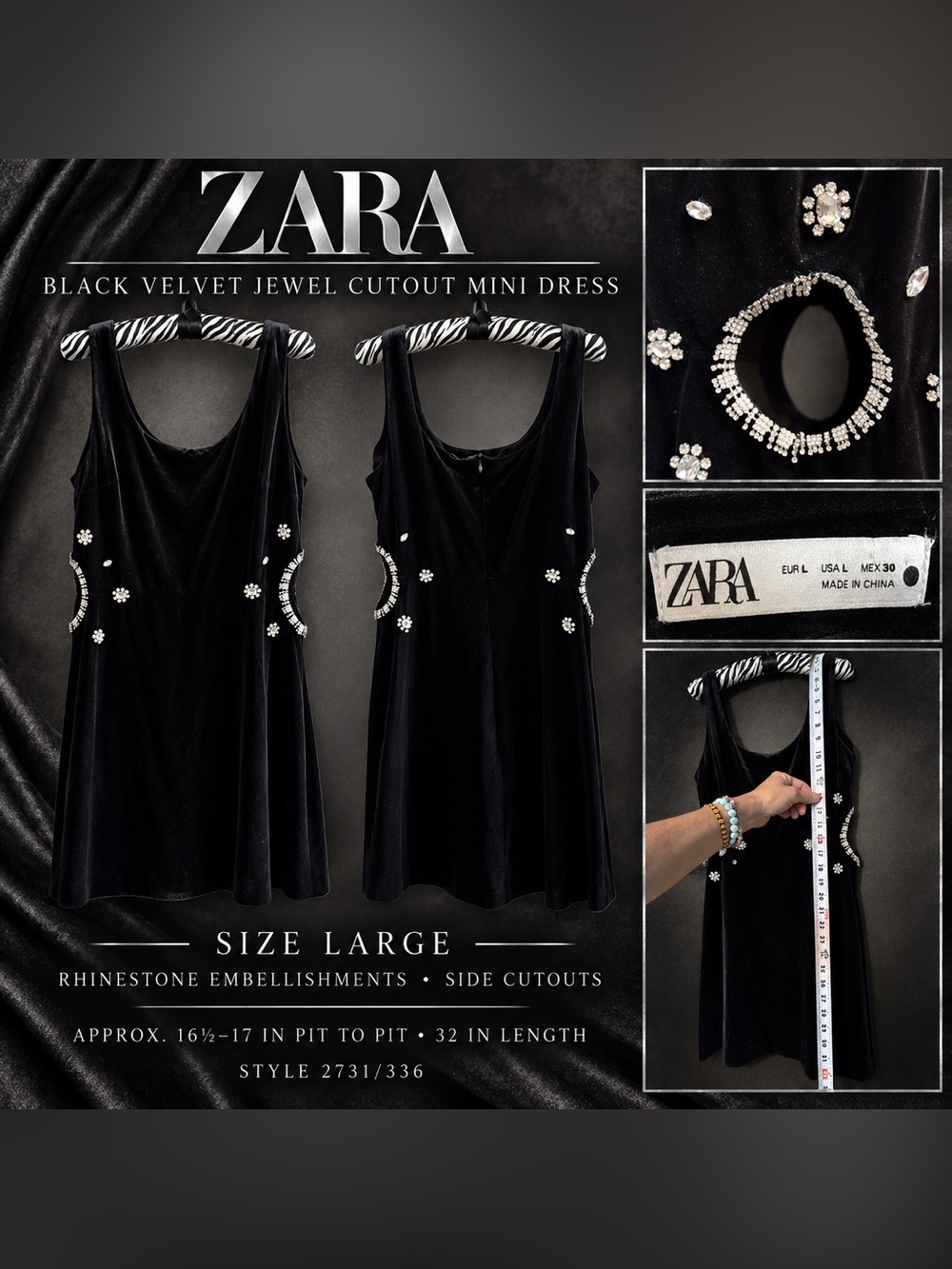 Zara Black Velvet Rhinestone Jewel Cutout Mini Dress – Size L